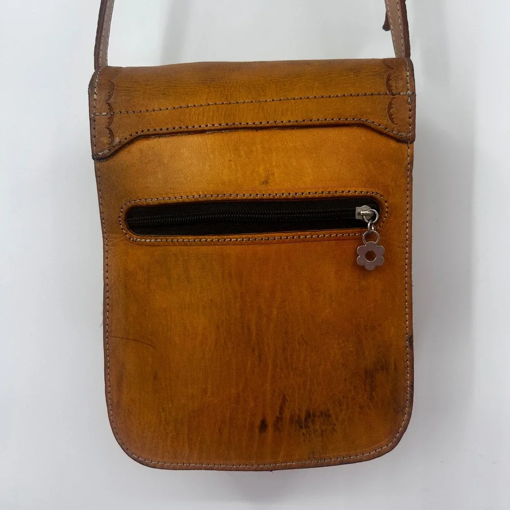 Hand Tooled‎ Leather Crossbody Messenger Bag Rustic Boho Vintage Style